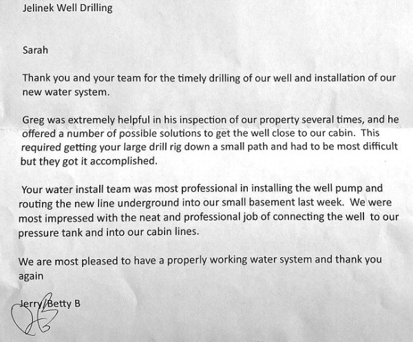 Review letter for Jelinek Well drilling from Jerry and Betty Review letter for Jelinek Well drilling from Jerry and Betty