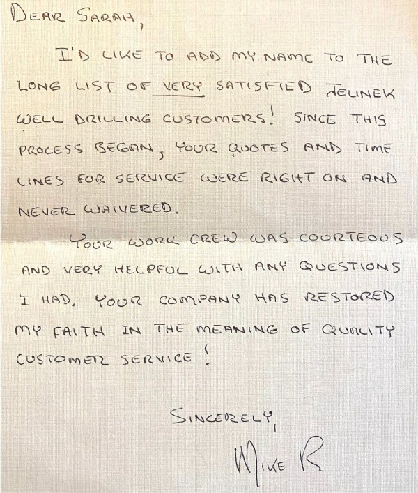 Review Letter for Jelinek Well Drilling from Mike R Review Letter for Jelinek Well Drilling from Mike R