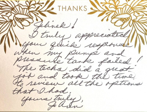 Review fron JoAnn Review for Jelinek Well Drilling from JoAnn